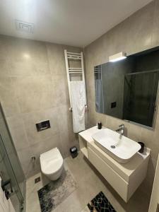 La salle de bains est pourvue d'un lavabo blanc et de toilettes. dans l'établissement Cozy central 2+1 with balcony, à Istanbul