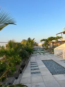 una pasarela con palmeras y plantas en una playa en Shaqaf shalet 