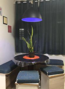 uma mesa com um vaso de plantas e uma luz azul em Apartamento Belas Artes Itanhaém em Itanhaém