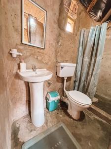 ein Badezimmer mit einem Waschbecken, einem WC und einem Spiegel in der Unterkunft Muke Village Guest House in Livingstone