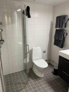 ein Bad mit einem WC und einer Glasdusche in der Unterkunft New apartment, perfect for exploring Stockholm in Lidingö
