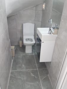 ein Badezimmer mit einem weißen WC und einem Waschbecken in der Unterkunft Bahçeli çift katlı villa sahile 300 metre in Kusadası