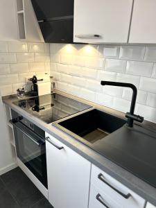 a kitchen with a sink and a counter top at Hochwertige City & Messewohnung in Hannover