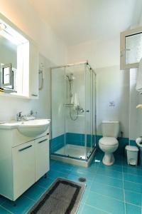 W łazience znajduje się prysznic, toaleta i umywalka. w obiekcie Stegna-TULA w mieście Archangelos