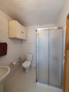 ein Bad mit einer Dusche, einem WC und einem Waschbecken in der Unterkunft Bahçeli çift katlı villa sahile 300 metre in Kusadası