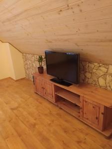 einen Flachbild-TV auf einem Holzschrank in der Unterkunft Chata Naděje in Raspenava