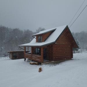 a cabin with a snow covered roof in the snow at Vysoka brama дерев'яний будиночок з чаном in Oriv
