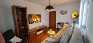 a living room with a couch and a fireplace at Tatra diamond appartement 70m2 v centre in Poprad