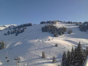 a snow covered slope with people skiing on a ski lift at Studio cabine au cœur de la montagne Les Memises in Thollon