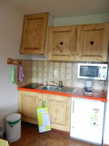 a kitchen with wooden cabinets and a sink and a microwave at Studio cabine au cœur de la montagne Les Memises in Thollon