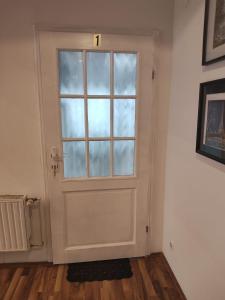een witte deur met een raam in een kamer bij Pension DonauBlick Grein 2 in Stifterstrasse19. (2 Apartment ) in Grein