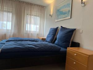 a bedroom with a bed with blue sheets and a window at Beishan Appartements Nürnberg in Nürnberg