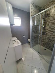een badkamer met een douche, een wastafel en een toilet bij Holiday Home Sunset in Grabrovnik