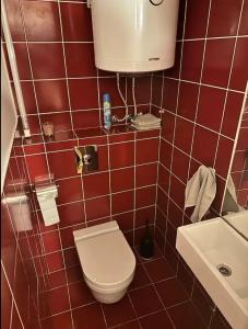 a red tiled bathroom with a toilet and a sink at Casa Palfy in Punat