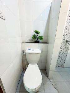 a white bathroom with a toilet and a potted plant at S303 Good Apartment Chalong Na-kok in Phuket Town