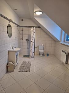uma casa de banho com um WC, um lavatório e um chuveiro em Willa Kumat em Brańsk