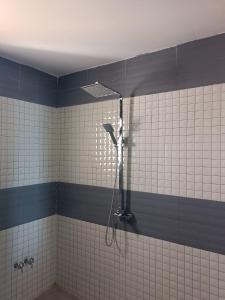 La salle de bains est pourvue d'une douche et de carrelage bleu et blanc. dans l'établissement Bel Horizon mosta, à Mostaganem
