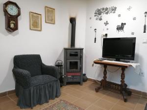 a living room with a tv and a chair and a desk at Berkenyés Vendégház in Zalalövő