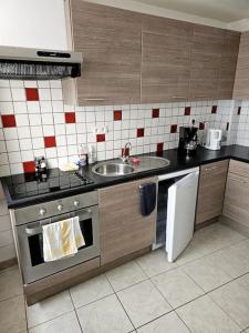 a kitchen with a sink and a stove and a refrigerator at Gîte le Carassin in Bouillon