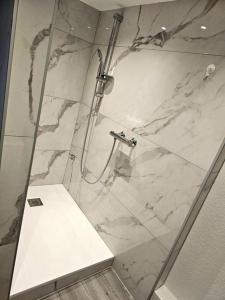 ein Bad mit einer Dusche und einer Glastür in der Unterkunft Gîte le Carassin in Bouillon