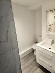 ein weißes Bad mit einem Waschbecken und einem WC in der Unterkunft Gîte le Carassin in Bouillon
