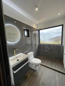 a bathroom with a toilet and a sink and a mirror at Elysium Cabin in Muntele Rece