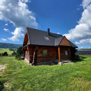 Komfortowy dom z bali koło Zieleńca z widokiem na góry في Lasowka: كابينة خشبية صغيرة على تلة عشبية