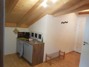 uma cozinha com um lavatório e um balcão num quarto em Ferienwohnung-Guem-2-Personen em Nesselwängle