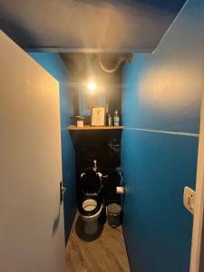 a bathroom with a toilet in a blue room at La cabane in Fontaine