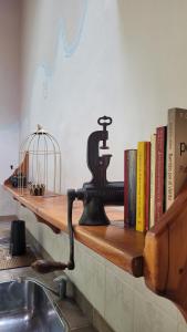 uno scaffale con sopra dei libri accanto a un lavandino di Chacra Esaki a El Bolsón