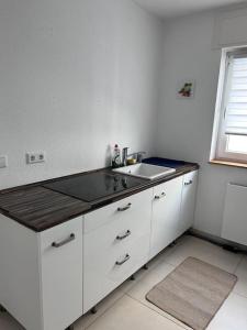eine Küche mit einer Spüle und einer Arbeitsplatte in der Unterkunft Mondorf - klein aber fein zwischen Bonn & Köln in Niederkassel