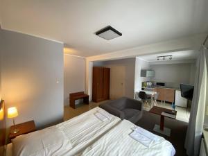 a hotel room with a bed and a living room at Apartamenty Konopnicka Stargard in Stargard