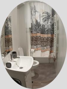 a bathroom with a sink and a toilet with a shower curtain at Auberge du Vieux Moulin in Le Breuil