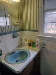 y baño con lavabo azul y espejo. en Family Cozy House, en Frederick