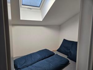 Habitación pequeña con almohadas azules y ventana en Apartment Elise, en Patergassen