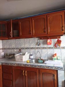 - un comptoir de cuisine avec évier et placards en bois dans l'établissement HUANCAYO DPTO ACOJEDOR, à Huancayo