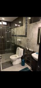 een badkamer met een toilet, een douche en een wastafel bij Meublé Nord Foire Dakar in Dakar