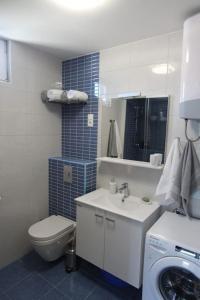 bagno con lavandino e servizi igienici e lavatrice. di Zebrus apartment a Spalato (Split)