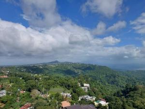 an aerial view of a city with trees and a mountain at 1649 Tagaytay Staycation by Jordy in Tagaytay