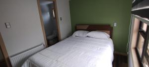 a small bedroom with a bed and a green wall at Apartamento Vista al Estrecho in Punta Arenas