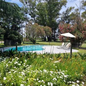 ein Pool mit Sonnenschirm und ein paar Blumen in der Unterkunft La Centenaria, casa de campo in Bragado
