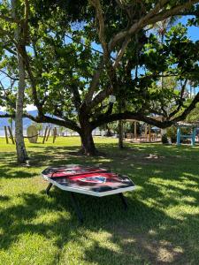 a surfboard on a table in the grass under a tree at Porto Grande Hotel & Convention in São Sebastião