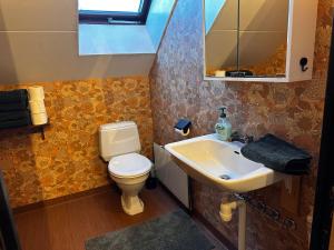 uma casa de banho com um WC, um lavatório e um espelho. em 3bdr Family Friendly Villa 15 min from Ullared em Älvsered