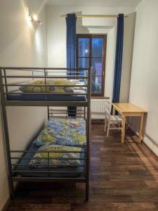 Zimmer mit 2 Etagenbetten und einem Tisch in der Unterkunft Penzion Betty in Okounov