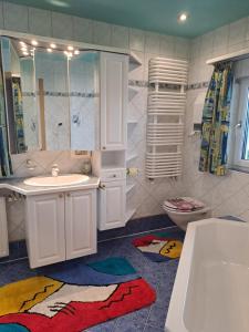 a bathroom with a sink and a toilet and a mirror at Ferienhaus Berger in Aigen im Ennstal