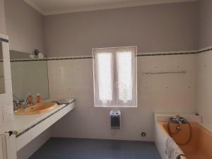 ein Bad mit einem Waschbecken, einem WC und einem Fenster in der Unterkunft Les Saffres - gîte de charme pour 8 personnes in Valréas