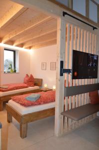 a bedroom with two beds and a flat screen tv at Ferienwohnung, 1-Zimmer, 1-3 Personen, 31 qm, mit Balkon, in ruhige Lage, direkt an der Aach in Singen