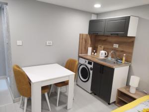 a small kitchen with a washing machine and a table at MiniMo in Ruse