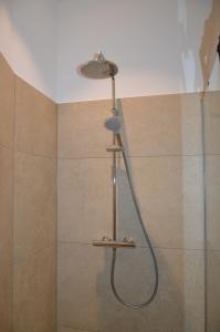 a shower with a shower head in a bathroom at Ferienwohnung, 1-Zimmer, 1-3 Personen, 31 qm, mit Balkon, in ruhige Lage, direkt an der Aach in Singen