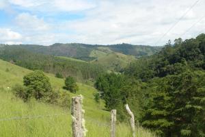 una recinzione di filo spinato su una collina erbosa con alberi di Ecopousada João Y Maria a Catuçaba